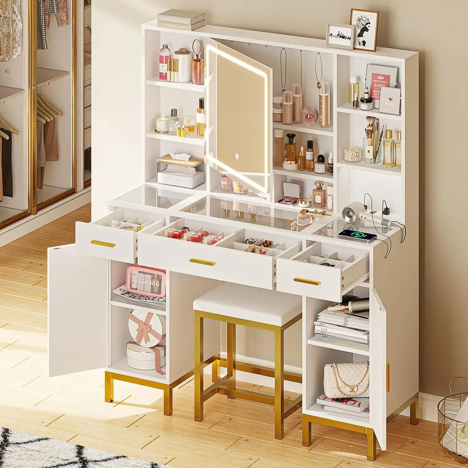 Desk Charging Station - -Vanity Desk With Openable Mirror And
