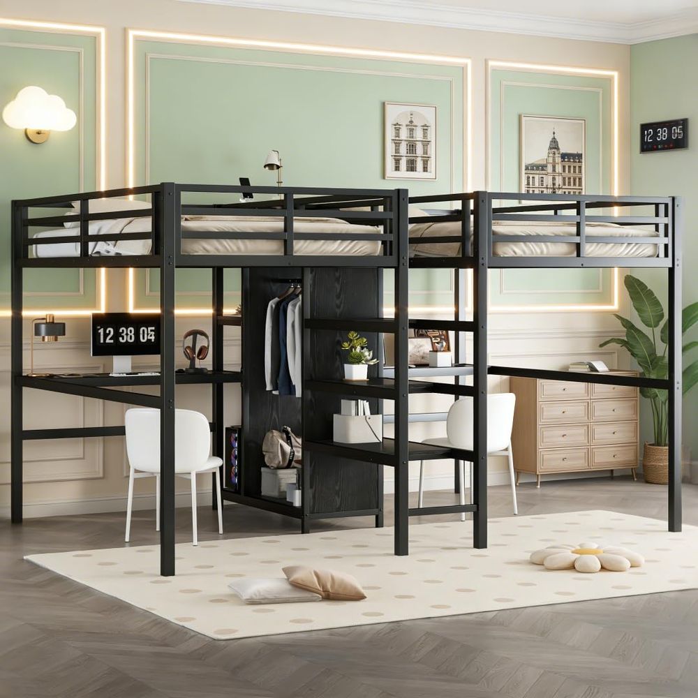 Desk Charging Station - Twin Double Loft Bed with 2Desks