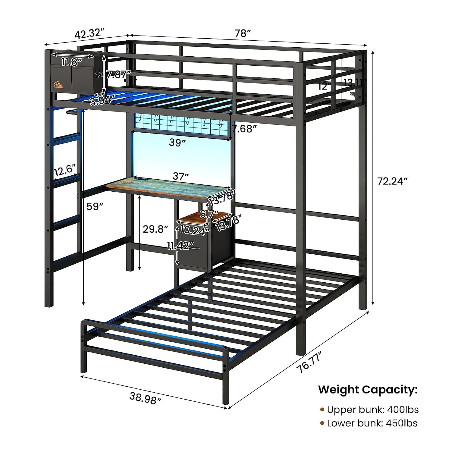 Desk Charging Station - Twin Over Twin Bunk Bed with