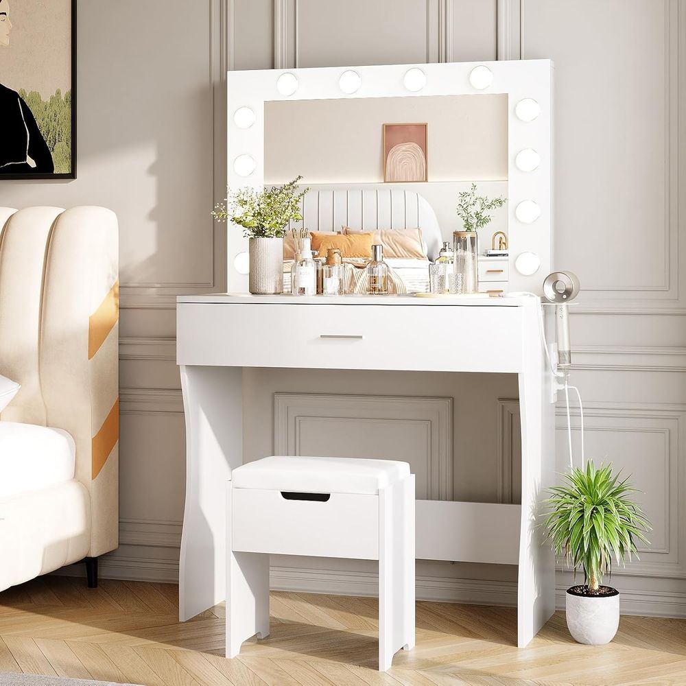 Desk Charging Station - Makeup Vanity Desk with Illuminated Mirror,