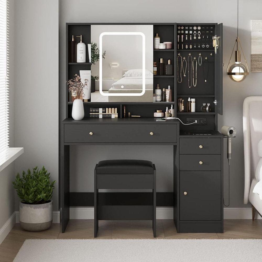 Desk Charging Station - Makeup Vanity Desk with Mirror, Lights,