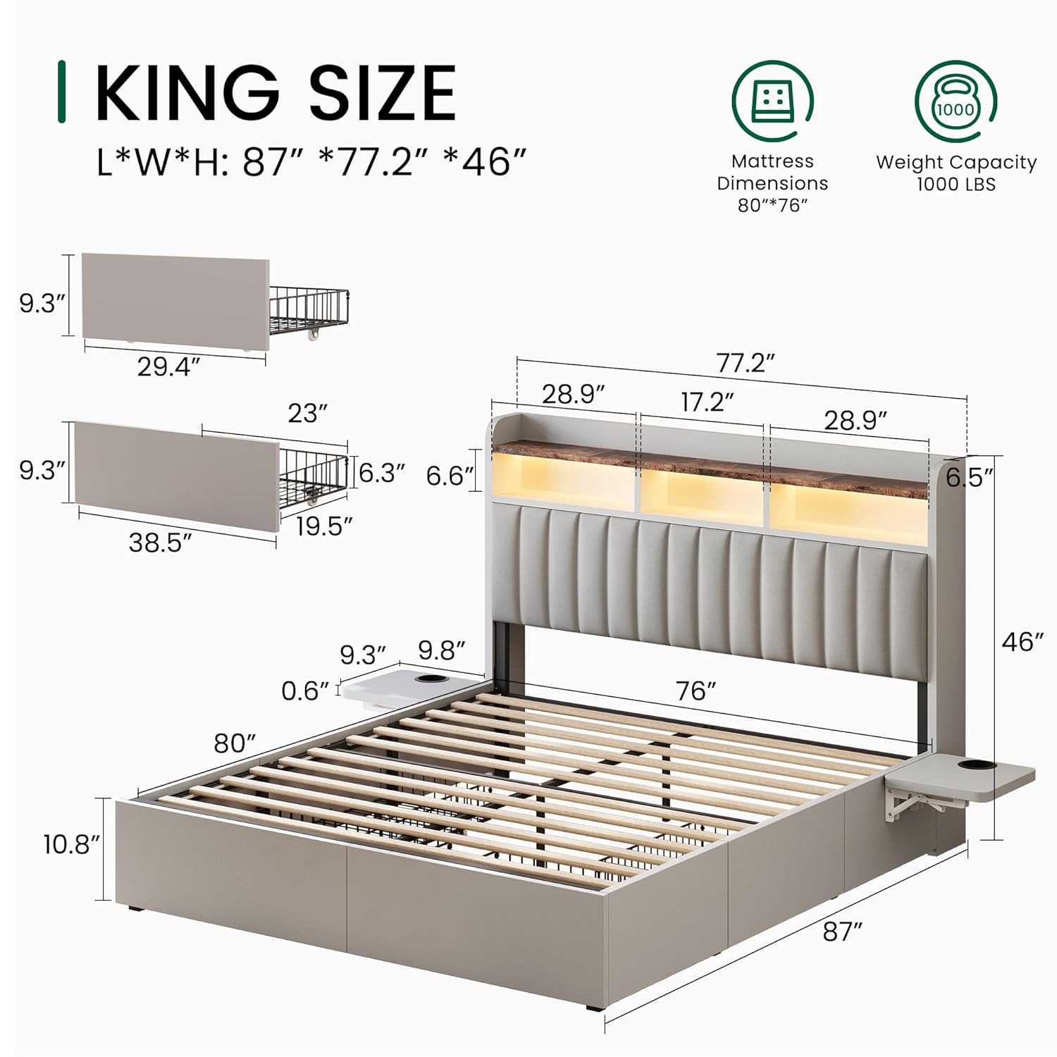 King Bed Frame with Headboard  – Desk Charging Station Bewertung und Preis