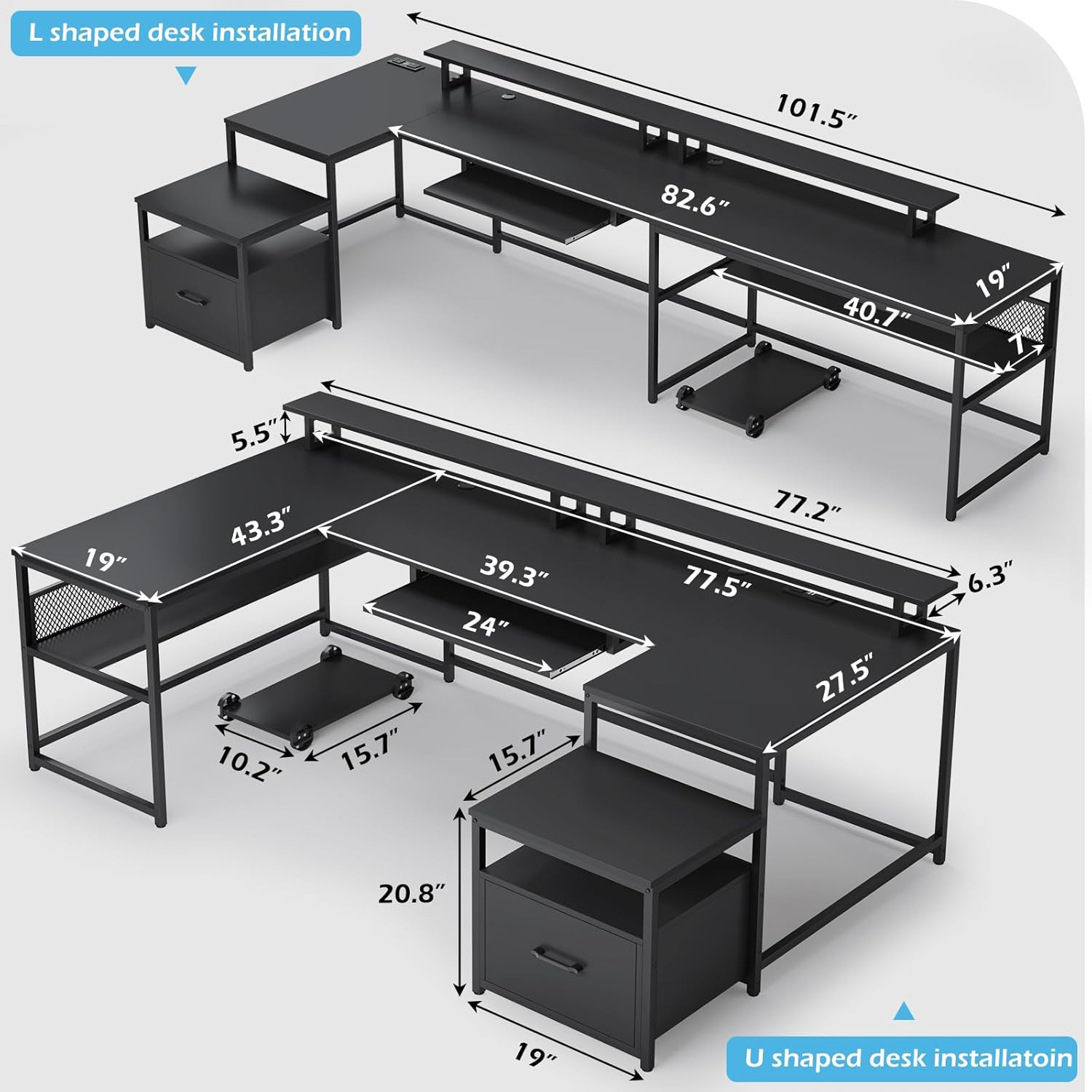 U Shaped Desk,101.5''Reversibl – Home Office With Two Desks Bewertung und Preis