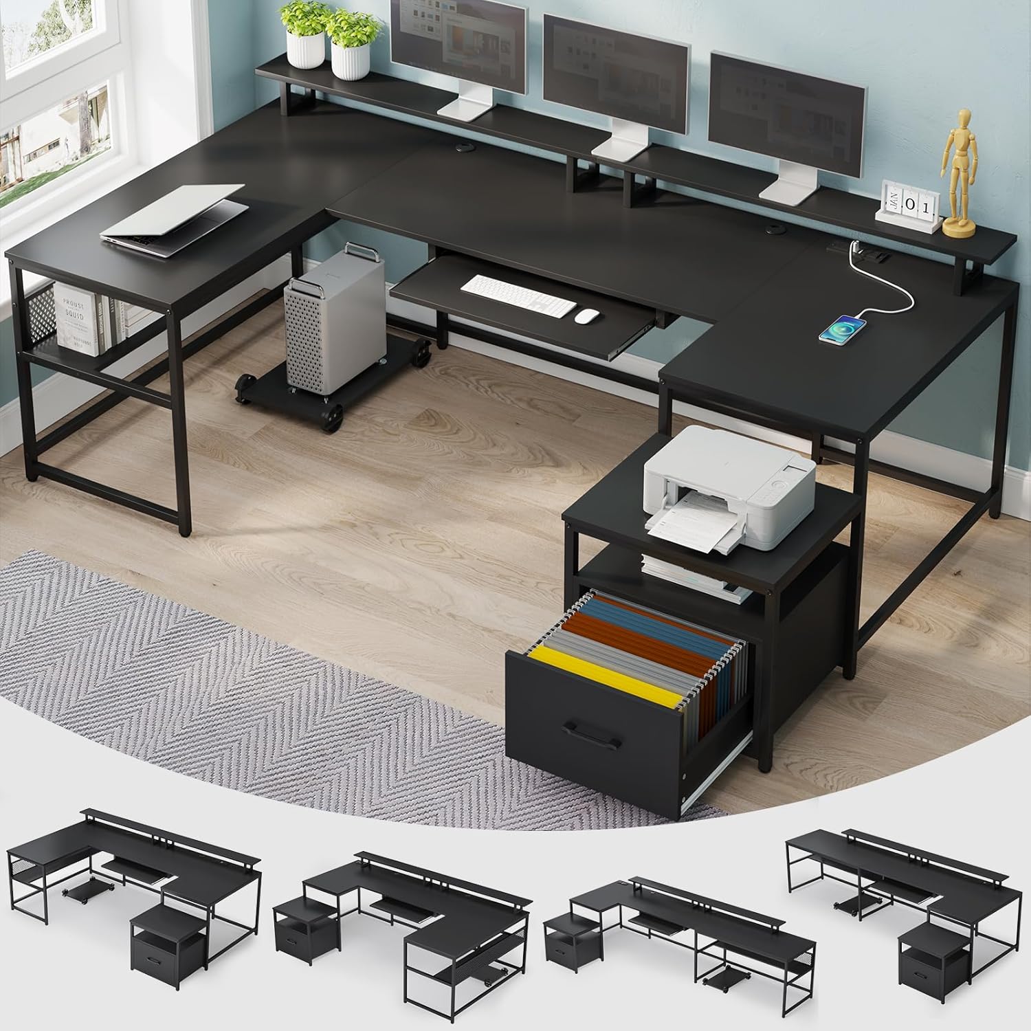 U Shaped Desk,101.5''Reversibl – Home Office With Two Desks Bewertung und Preis